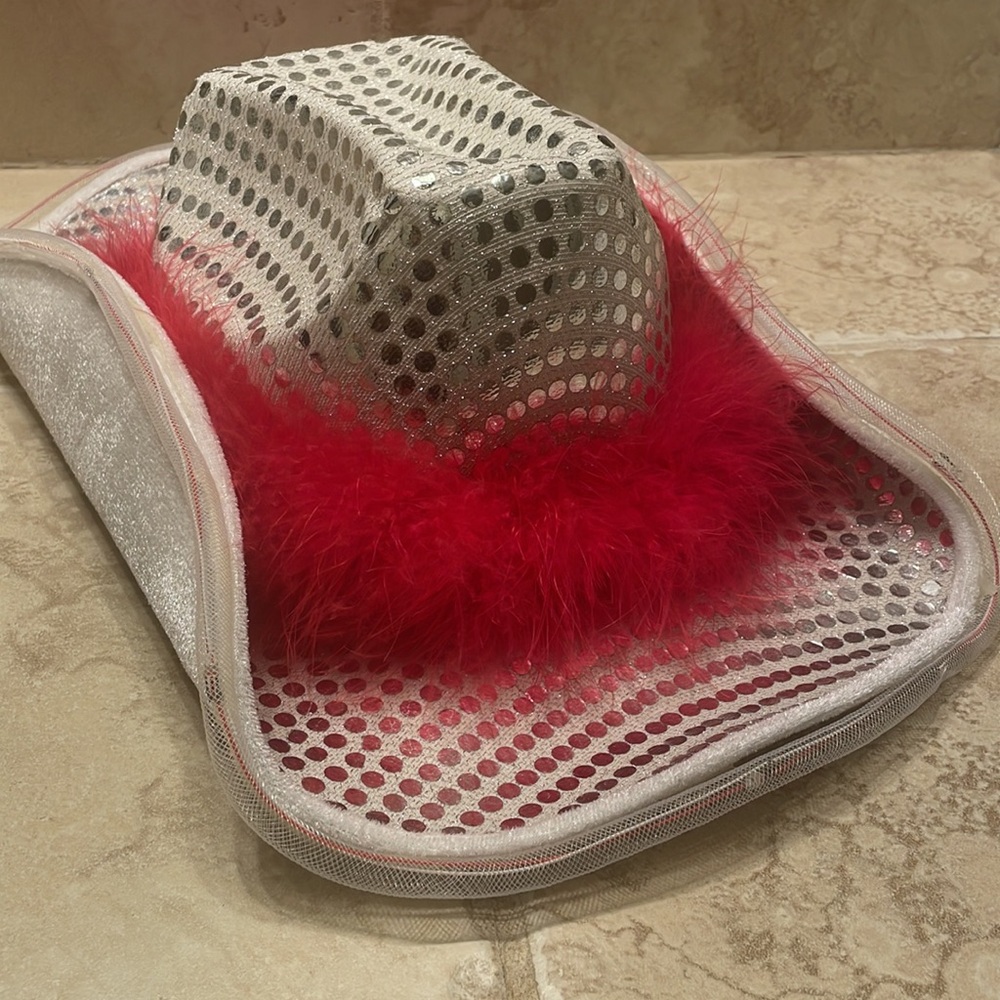 Silver with Red Boa Light Up Cowboy/Cowgirl Hat - Picture 7 of 13